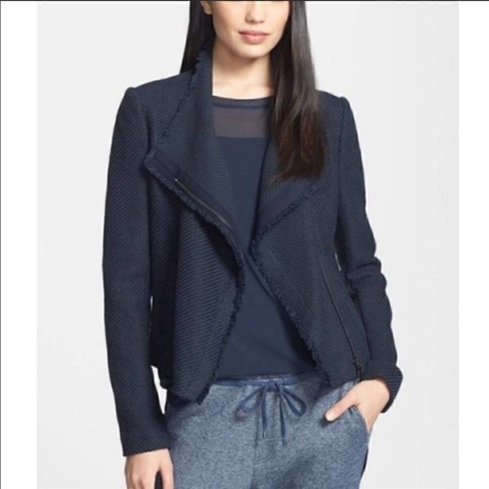 Vince Frayed Edge Tweed Scuba Moto Navy Jacket